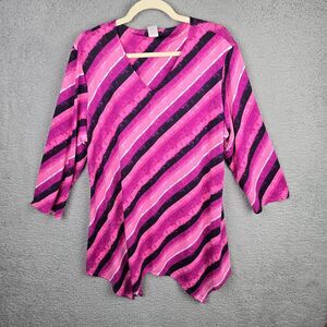 Cocomo Tunic Top Womens XL Pink Black Diagonal Striped V-Neck Stretchy Colorful